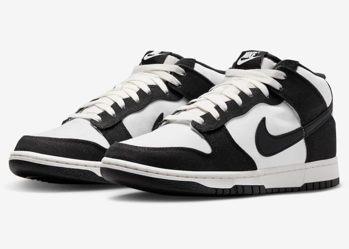 Side view of black and white Nike Dunk shoes.